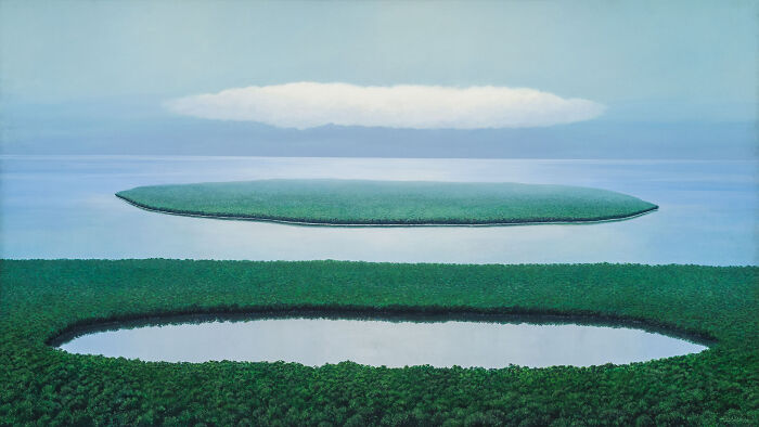 Meditative landscape art by Tomas Sanchez featuring reflective water and lush greenery.