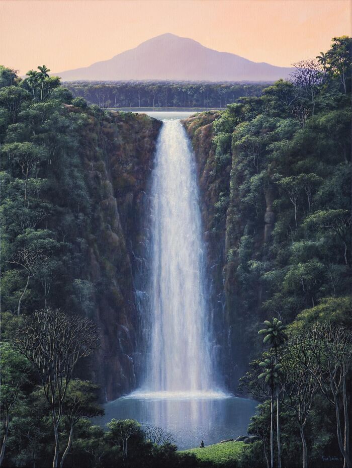 Tomas Sanchez's meditative art depicts a serene waterfall amidst lush greenery.