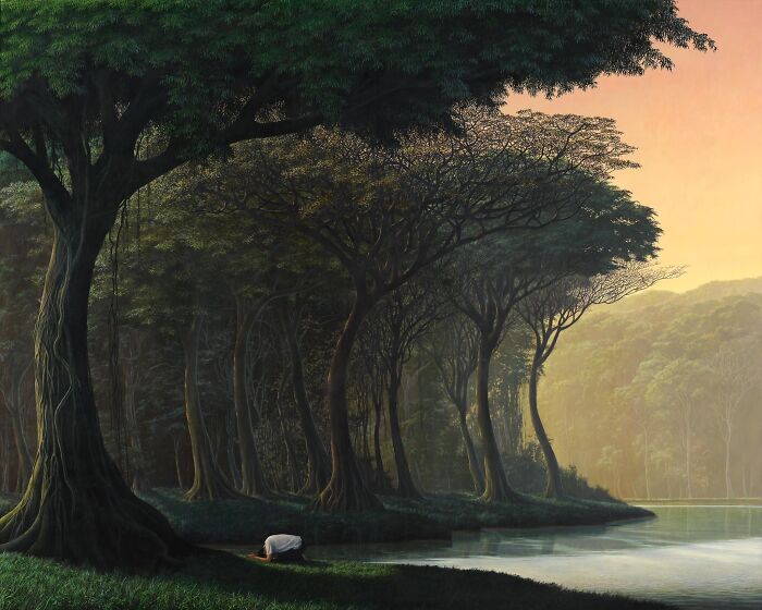 Meditative art by Tomas Sanchez showing a serene forest and tranquil water reflections at sunset.