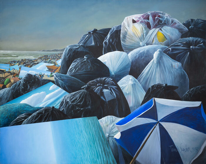 Tomas Sanchez artwork depicting piles of garbage bags and an umbrella, representing meditative landscapes of reflection.