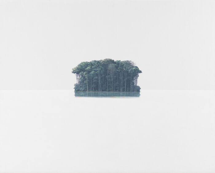 Island in serene water, reflecting Tomas Sanchez's meditative art and landscapes of reflection.