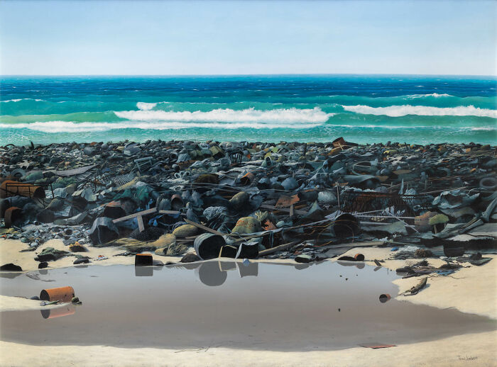 A meditative landscape by Tomas Sanchez, depicting a serene beach with a reflective pool and distant ocean waves.