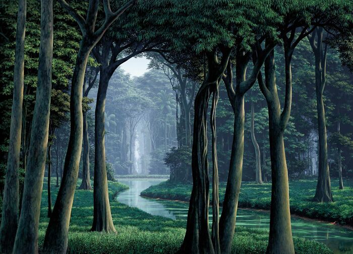 Meditative art by Tomas Sanchez depicting a serene forest landscape with a reflective river.