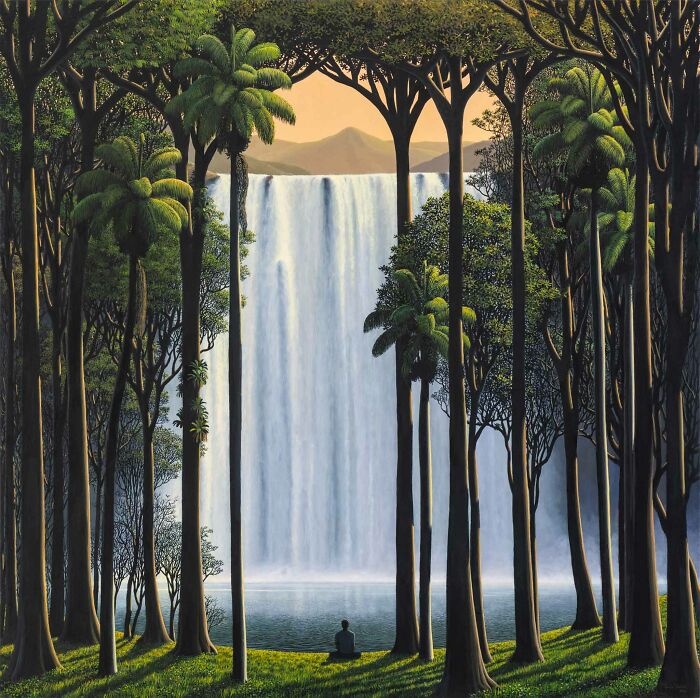 Meditative art depicting a serene forest with a waterfall, a lone figure sits in reflection amidst towering trees.
