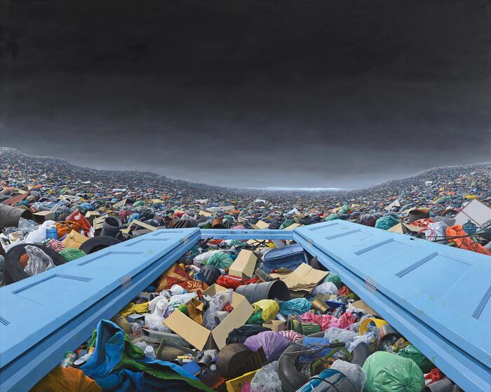 Painting of a vast landscape with blue doors opening to heaps of colorful trash, symbolizing reflection and meditation.