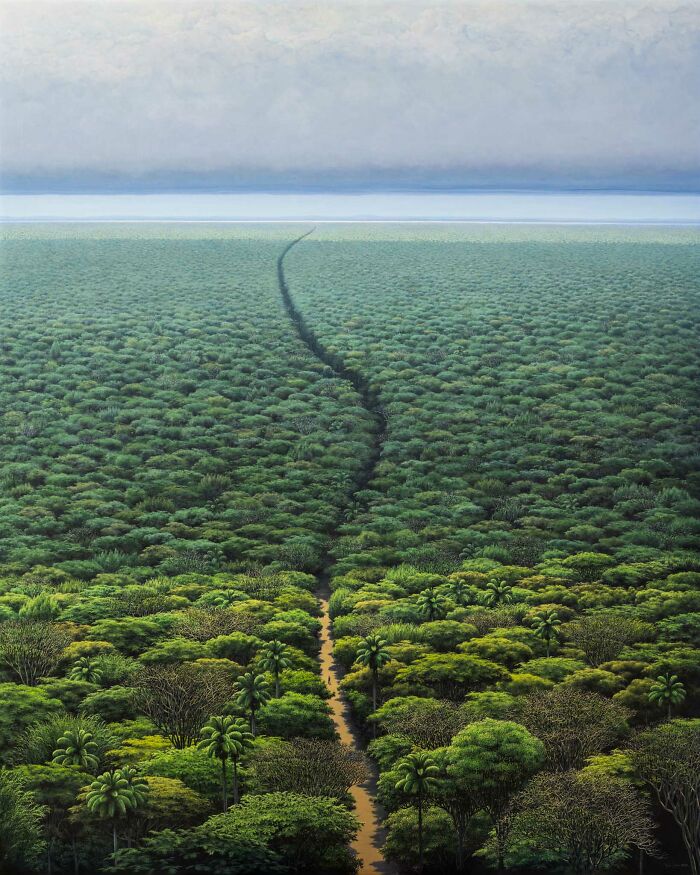 A meditative landscape by Tomas Sanchez with a winding path through lush forest under a cloudy sky.