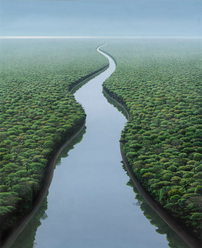 Serene landscape by Tomas Sanchez, depicting a winding river through lush forest, exuding a meditative reflection.
