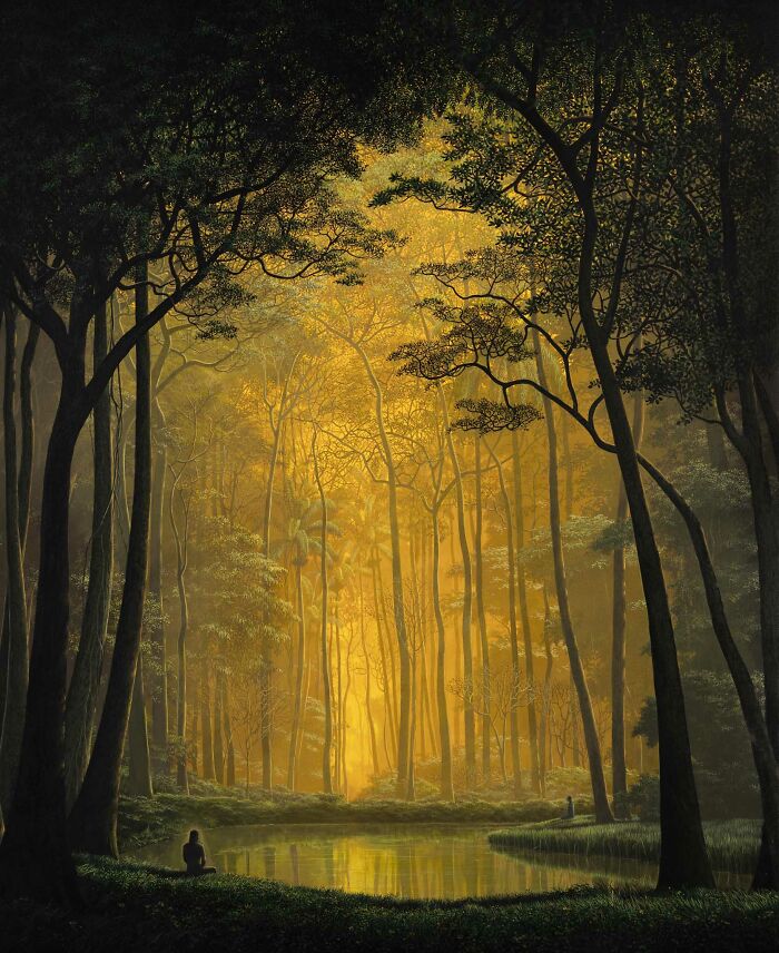 Meditative art by Tomas Sanchez depicting a serene forest landscape with a reflective pond and golden light.