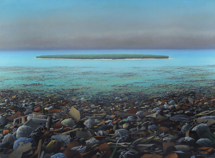 Reflective landscape by Tomas Sanchez, depicting a serene island beyond a cluttered foreground, showcasing meditative art.