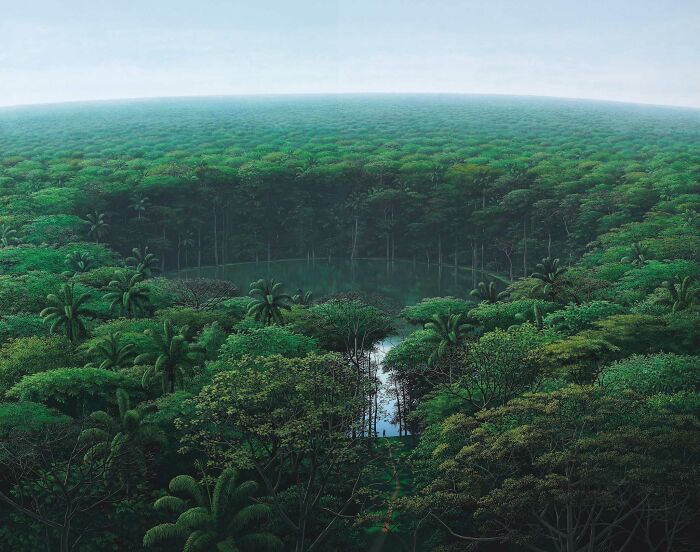 Lush forest landscape reflected in a serene water body, illustrating Tomas Sanchez's meditative art style.