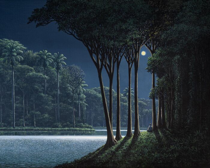 Serene forest by the water under moonlight, capturing Tomas Sanchez's reflective landscapes.