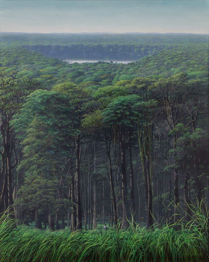 Meditative art by Tomas Sanchez depicting a serene forest landscape with lush green trees and distant horizon.