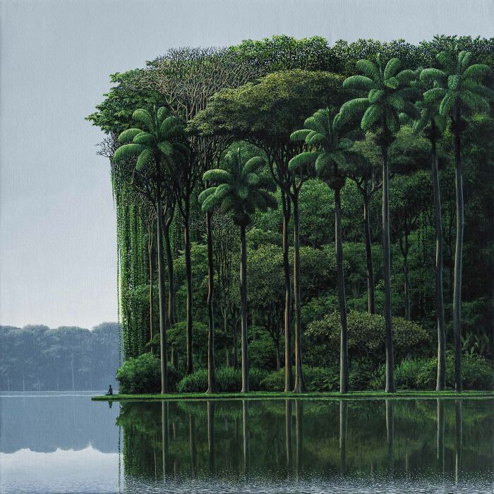 Meditative art by Tomas Sanchez showcasing tall trees and their reflection in a serene lake landscape.