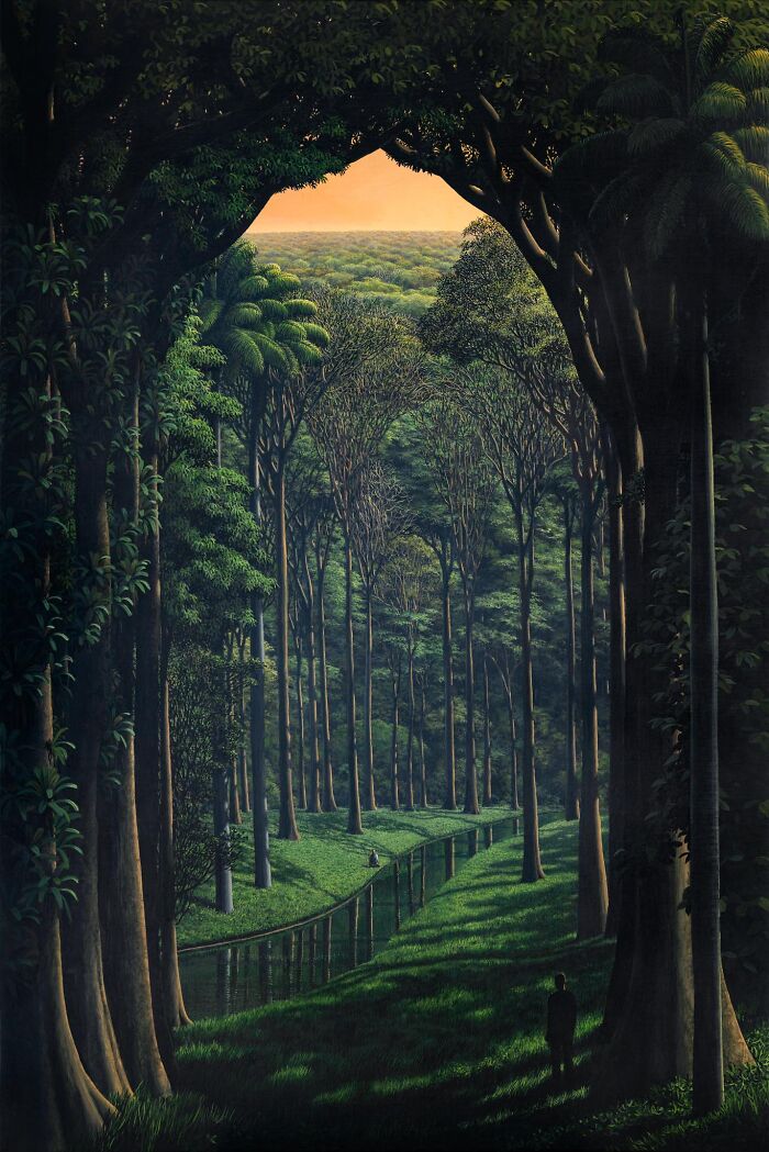 Meditative art by Tomas Sanchez, featuring a serene forest landscape with a reflective water stream.