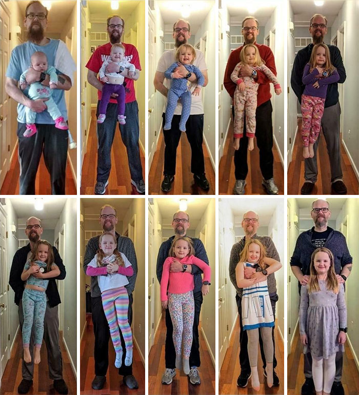 Dad documenting years with daughter in hallway, showing the rewarding journey of fatherhood.