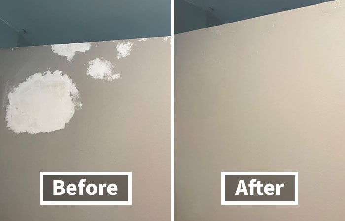 Before and after wall repair showcasing easy-to-learn life skills for home improvement.