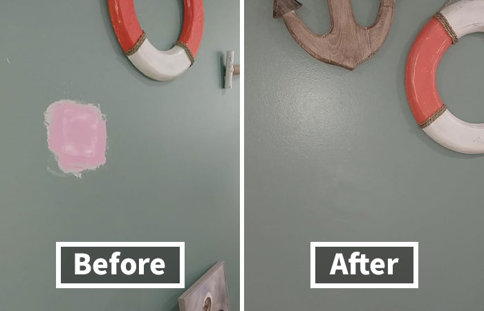 Before and after wall repair comparison, highlighting contractor work improvements.