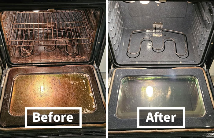 Before and after images of a clean oven, demonstrating easy-to-learn life skills in cleaning.