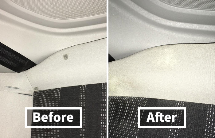Before and after of car seat stain removal, showcasing effective life skills not taught in school.