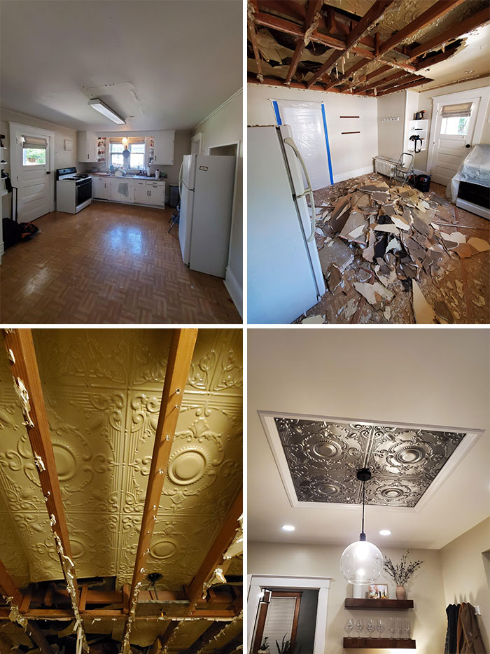 Home discovery finds: kitchen renovation before and after showing ceiling transformation with ornate details.