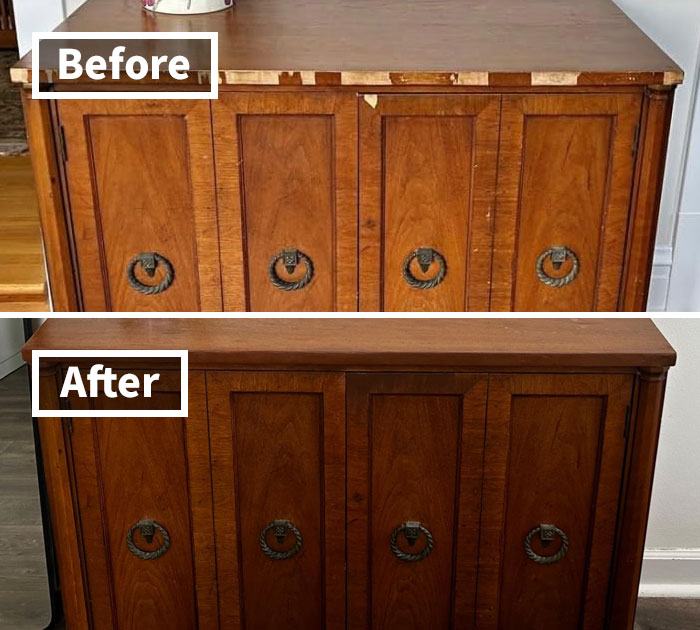 Furniture restoration shown in before and after images, highlighting easy-to-learn life skills.