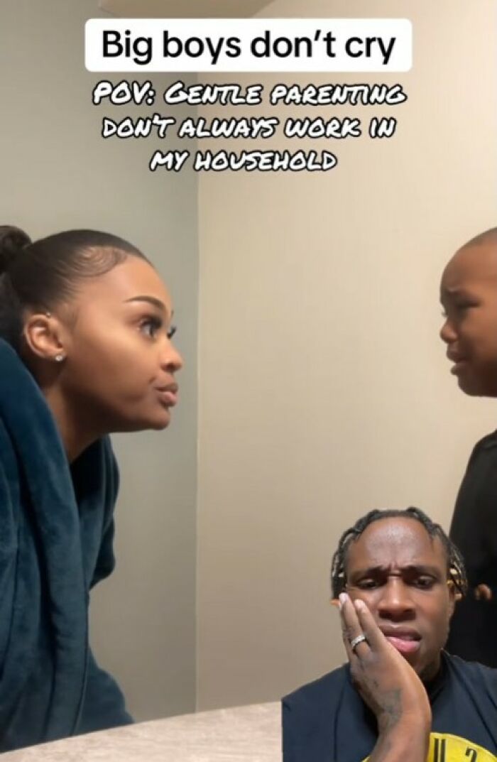 Parenting guidance conversation; a woman talks seriously with a child while a man contemplates in the foreground. Parenting guidance conversation; a woman talks seriously with a child while a man contemplates in the foreground.