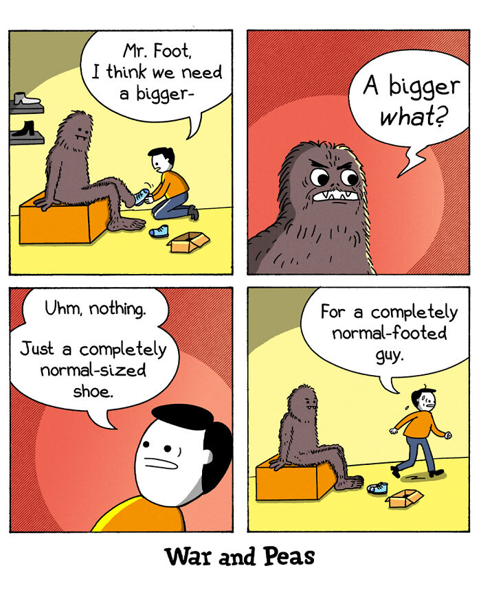 Humorous comic by War and Peas, featuring a shoe fitting with unexpected plot twist involving Bigfoot.