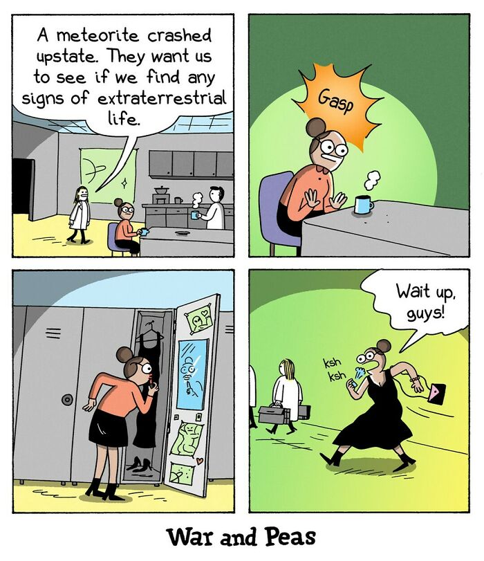 Humorous comic by War and Peas showing a woman reacting to a meteorite and rushing to join others.