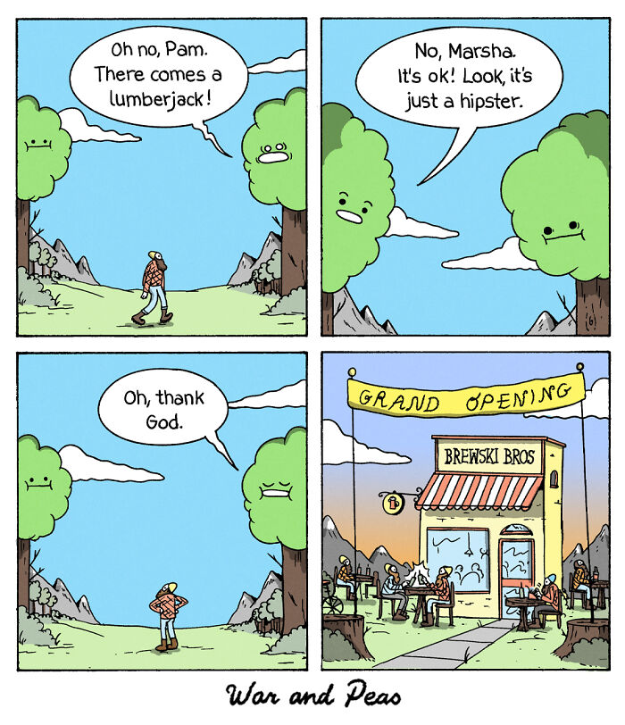 Humorous comic by War and Peas shows unexpected plot twist with a hipster mistaken for a lumberjack outside a cafe.