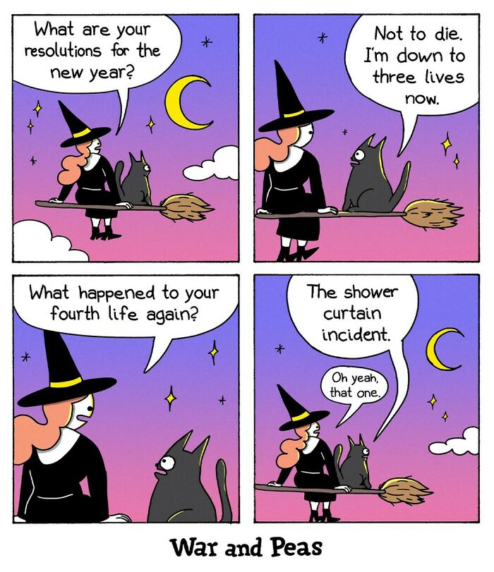 A witch and cat on a broom discuss humorous New Year resolutions in a comic by War and Peas.