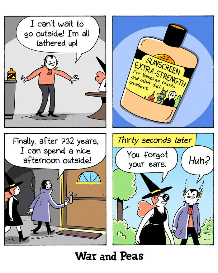 Comic by War and Peas featuring a vampire ready to go outside with sunscreen, but hilariously forgetting to cover his ears.