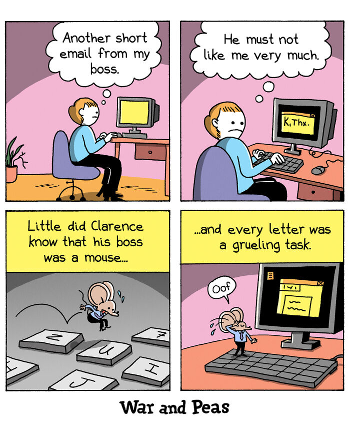 Humorous comic by War and Peas featuring a plot twist with a mouse boss typing emails.