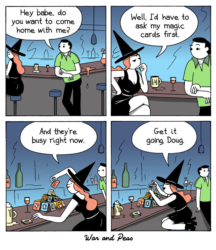A humorous comic by War and Peas featuring a witch consulting busy magic cards for a date decision.