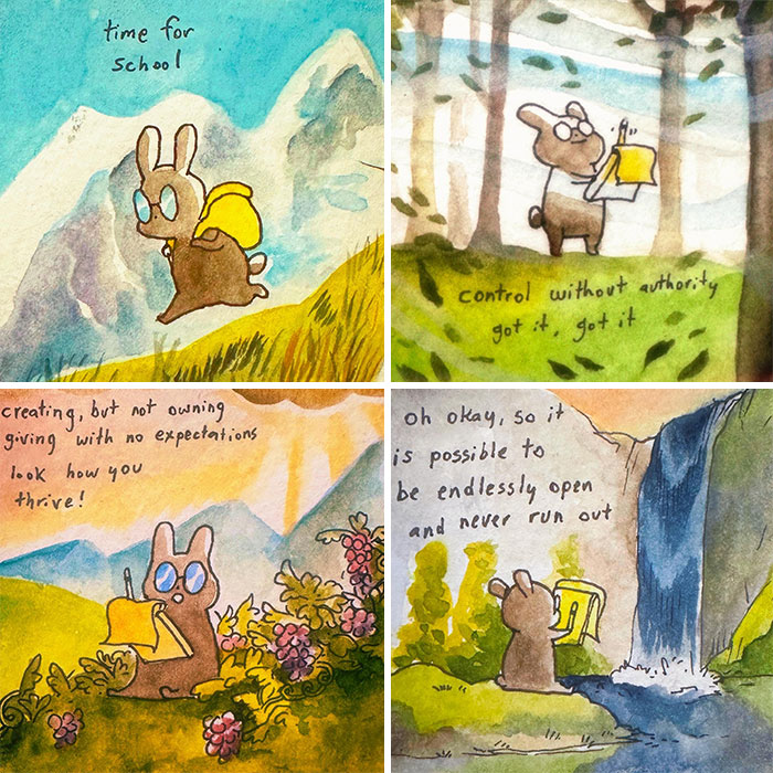 A rabbit in watercolor scenes with life reflections, a backpack, and nature themes—watercolor comics by Anna-Laura Sullivan.