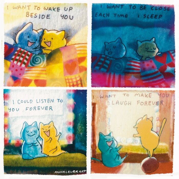 Watercolor comic by Anna-Laura Sullivan featuring two colorful cartoon cats in various affectionate scenes.