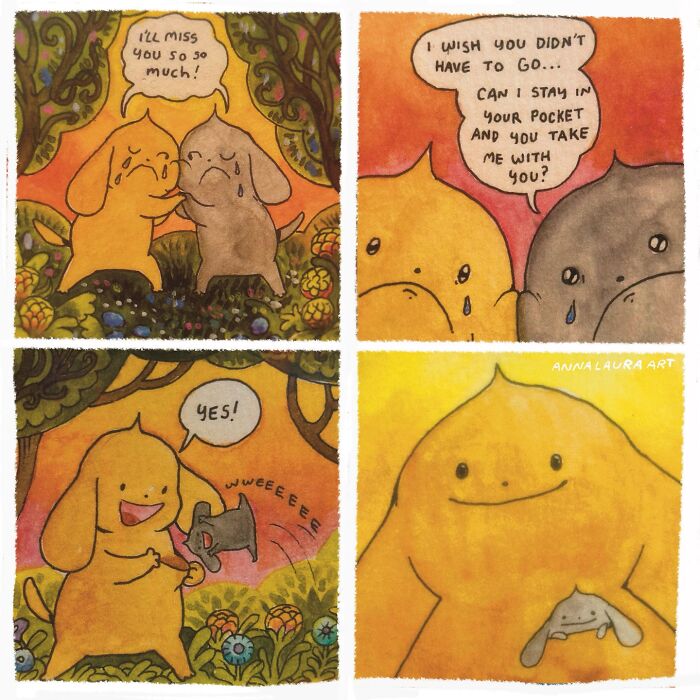 Watercolor comic characters hugging and smiling in a colorful forest setting.