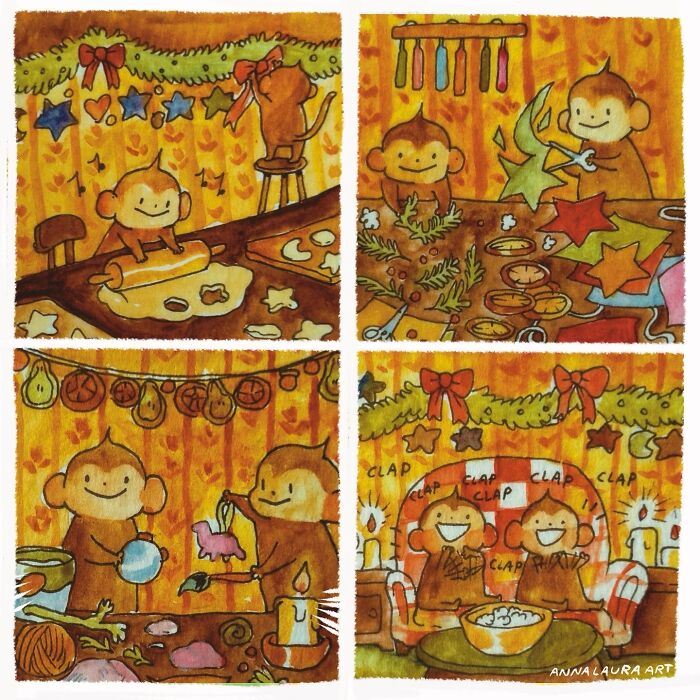 Watercolor comic by Anna-Laura Sullivan featuring cheerful monkeys preparing festive holiday crafts and snacks.