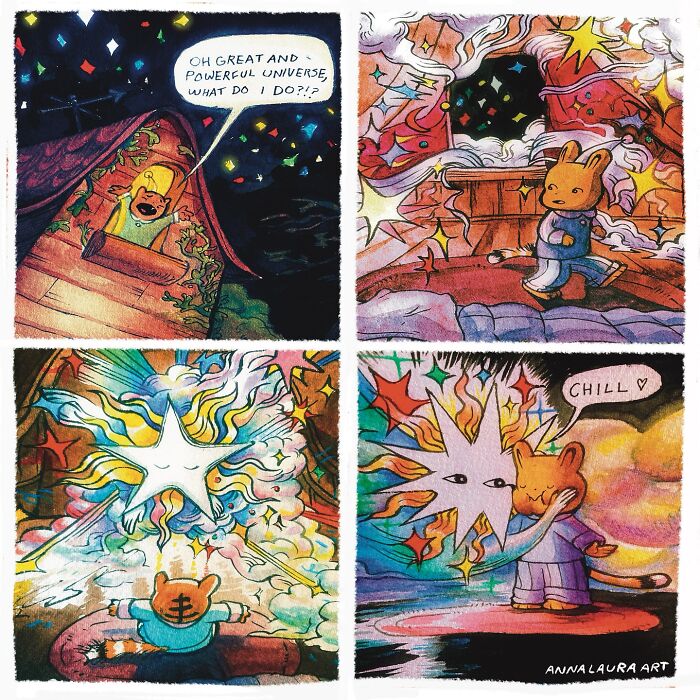 Watercolor comic by Anna-Laura Sullivan featuring a character interacting with a colorful, cosmic universe.