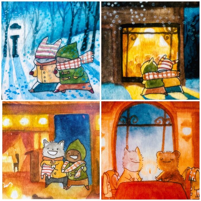 Watercolor comics by Anna-Laura Sullivan featuring animals in cozy winter settings and warm indoor scenes.