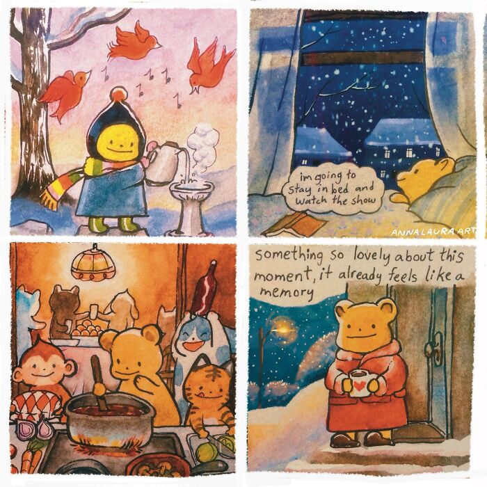 Watercolor comics featuring cozy winter scenes with animals by Anna-Laura Sullivan, including cooking and snow watching.