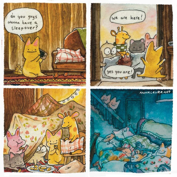 Watercolor comic by Anna-Laura Sullivan featuring cute animals having a sleepover.