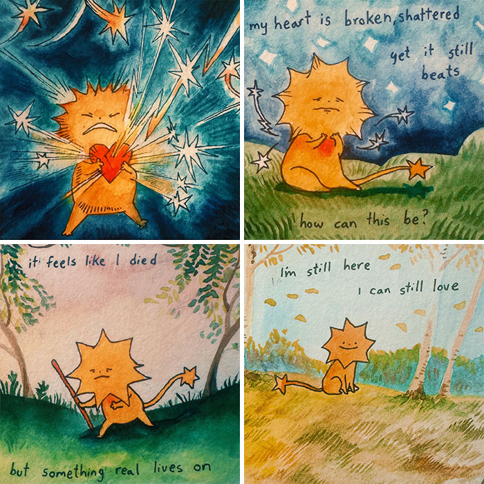 Watercolor comic by Anna-Laura Sullivan featuring emotional expressions of a star-like character's journey through heartbreak.