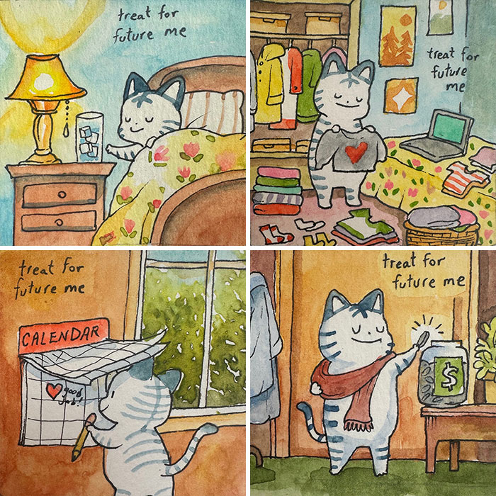 Watercolor comic by Anna-Laura Sullivan featuring a cat preparing for the future with thoughtful actions.