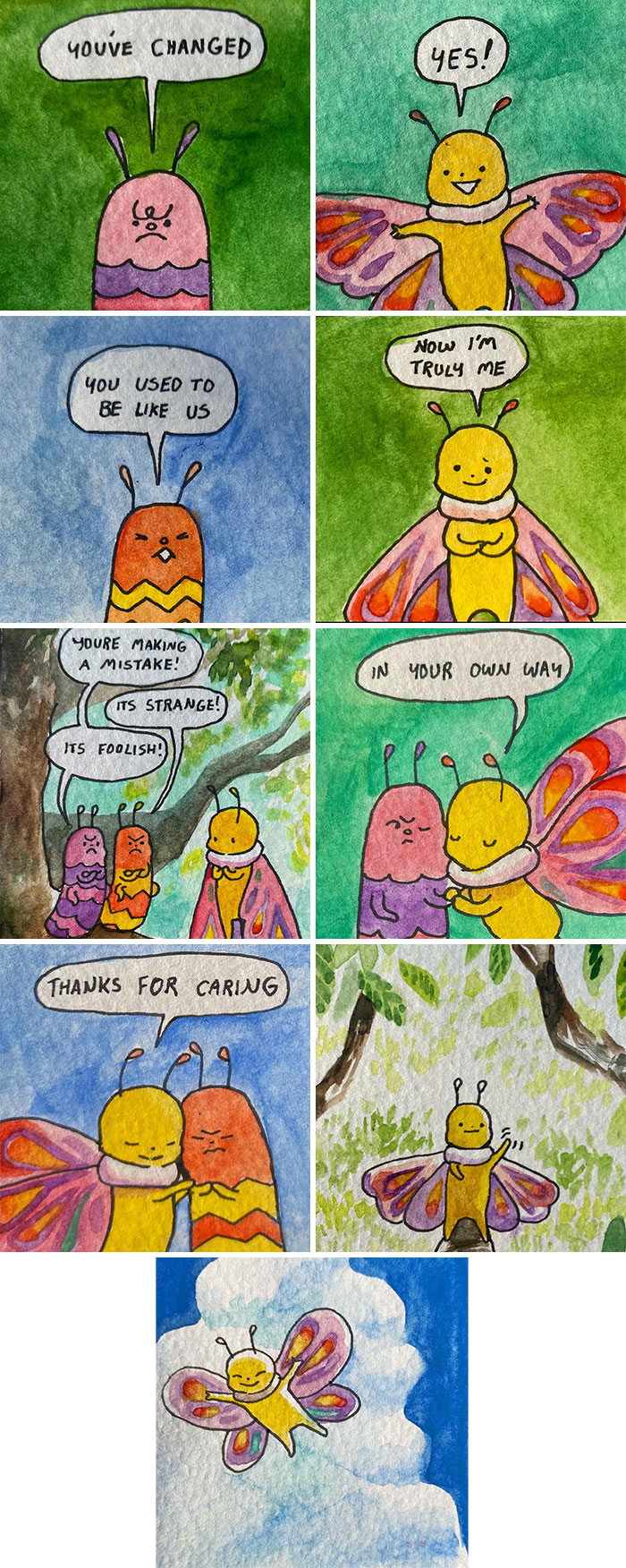 Watercolor comic featuring colorful insects discussing change and self-discovery by artist Anna-Laura Sullivan.
