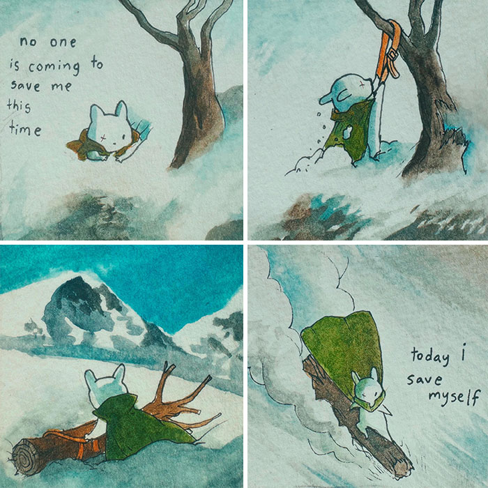 Watercolor comic strip by Anna-Laura Sullivan featuring a small creature rescuing itself in a snowy landscape.