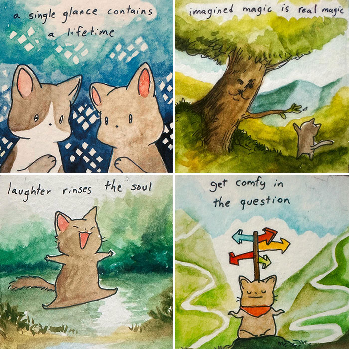 Watercolor comics by Anna-Laura Sullivan featuring whimsical animals and inspirational quotes in nature settings.