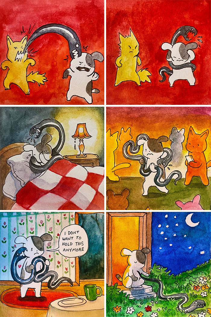Watercolor comic featuring cute animal characters dealing with a long, snake-like object in various scenes.