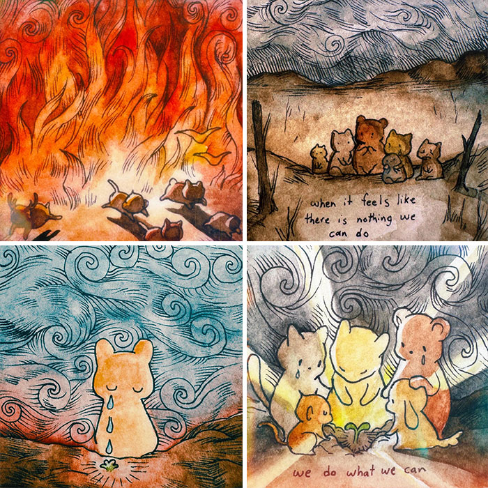Four watercolor comic panels by Anna-Laura Sullivan depicting animals in emotional and thoughtful scenes.