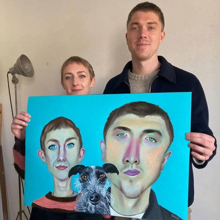 British artist with an expressive portrait featuring two people and a dog on a blue background.