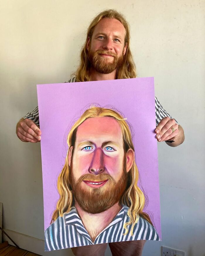 British artist showcasing expressive portrait with a vibrant purple background, reflecting his unique artistic style.